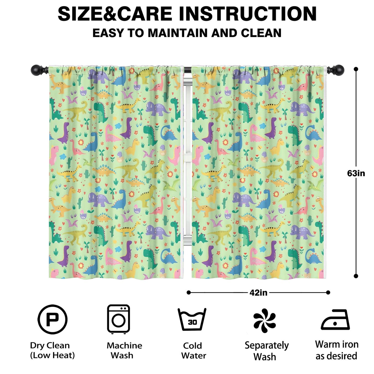 Blackout Kids Curtains,Green Dinosaurs Cacti Pattern Childrens Insulated Curtains Set Of 2,Bedroom Essentials,Toddler Room Decor 42"x63"