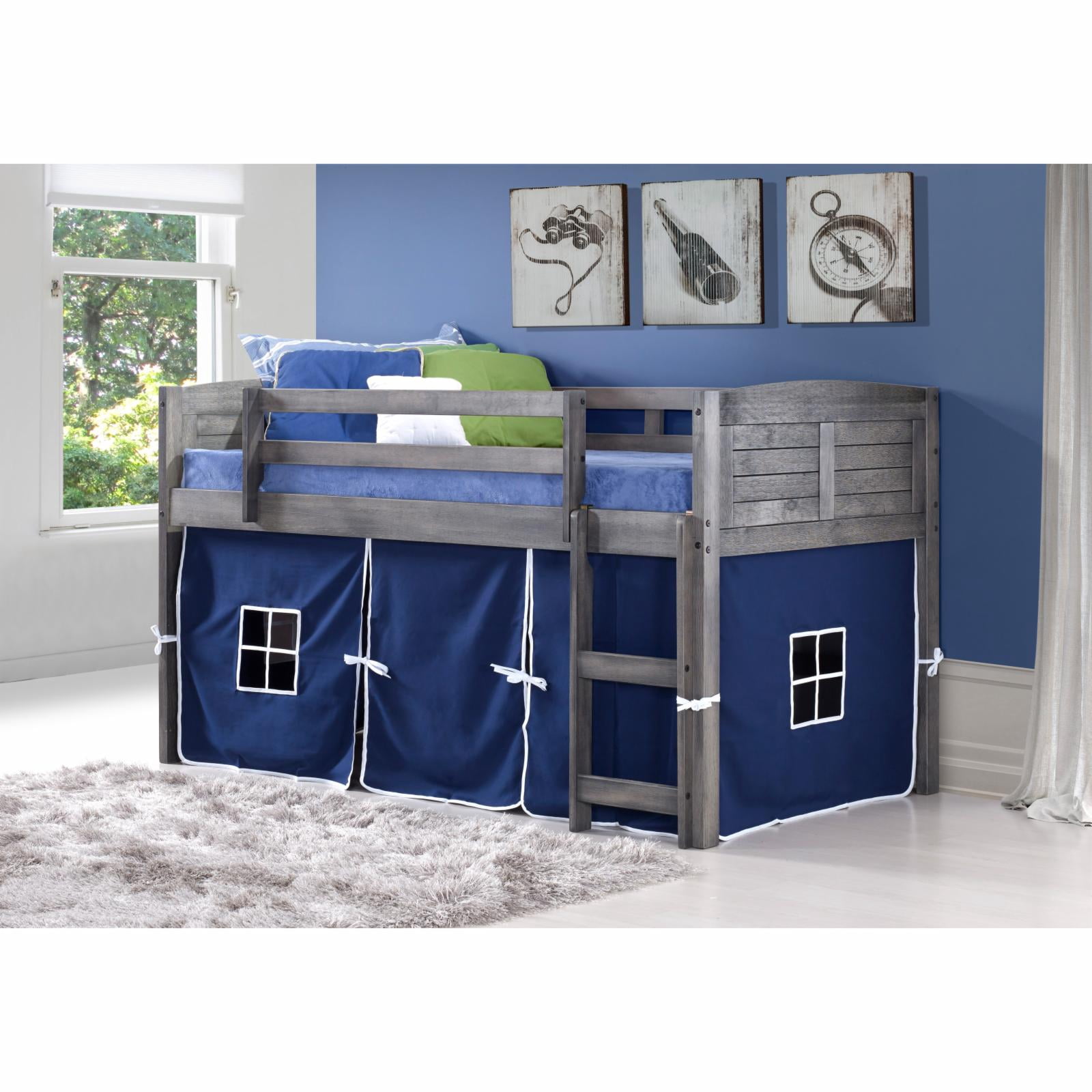 Donco Kids Louver Twin White Low Loft Bed with Red Tent, Twin, White