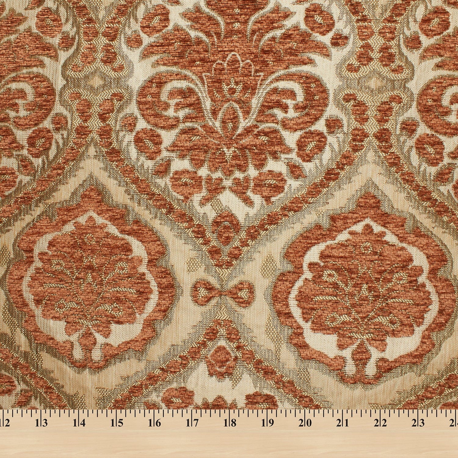 Baroque Floral Two Tone Chenille 57" Heavyweight Upholstery Jacquard Polyester Fabric By The Yard (Beige / Rust, 1 Yard)