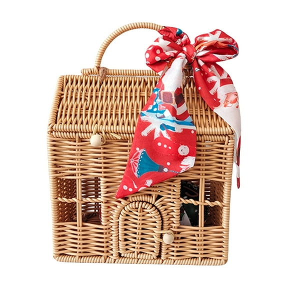 Unique House Shaped Rattans Bag Handwoven Suitcase with Handle Plastic Wicker Case for Christmas Gifts Wrapping