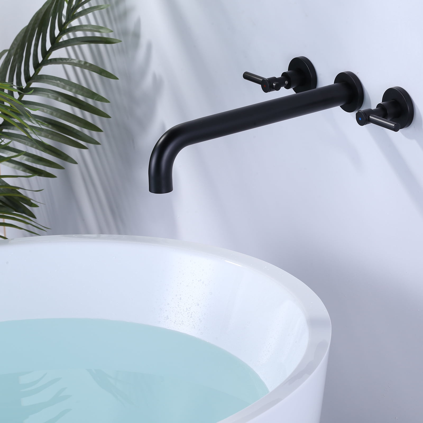 Wowow Wall Mount Tub Filler Faucets,High Flow Wall Mounted Bathtub Faucet with Two Handles and 12" Long Spout, Matte Black