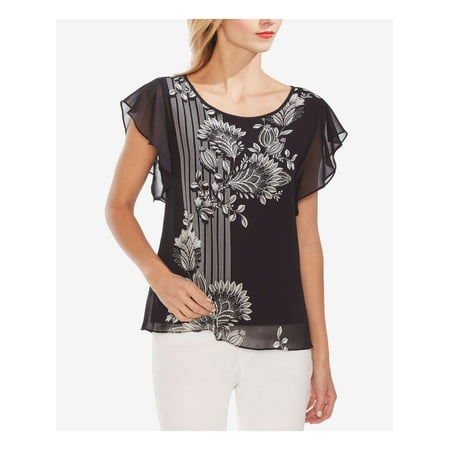 VINCE CAMUTO Womens Black Printed Jewel Neck Top Size: L