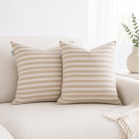 SPUN 18" x 18" 100% Cotton Set of 2 Hand-Woven Decorative Couch Throw Pillow Cover, Multicolor Stripe Rustic Throw Pillow Insert for Couch Sofa Bed, Easton Farmhouse