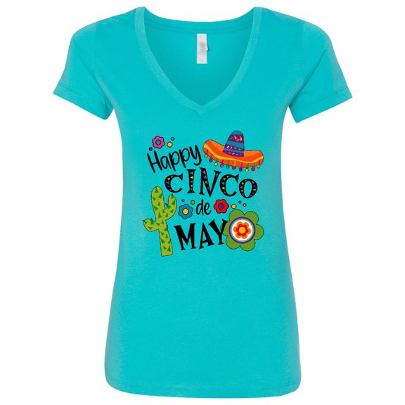Inktastic Happy Cinco De Mayo Sombrero, Cactus, Flowers Women's V-Neck T-Shirt