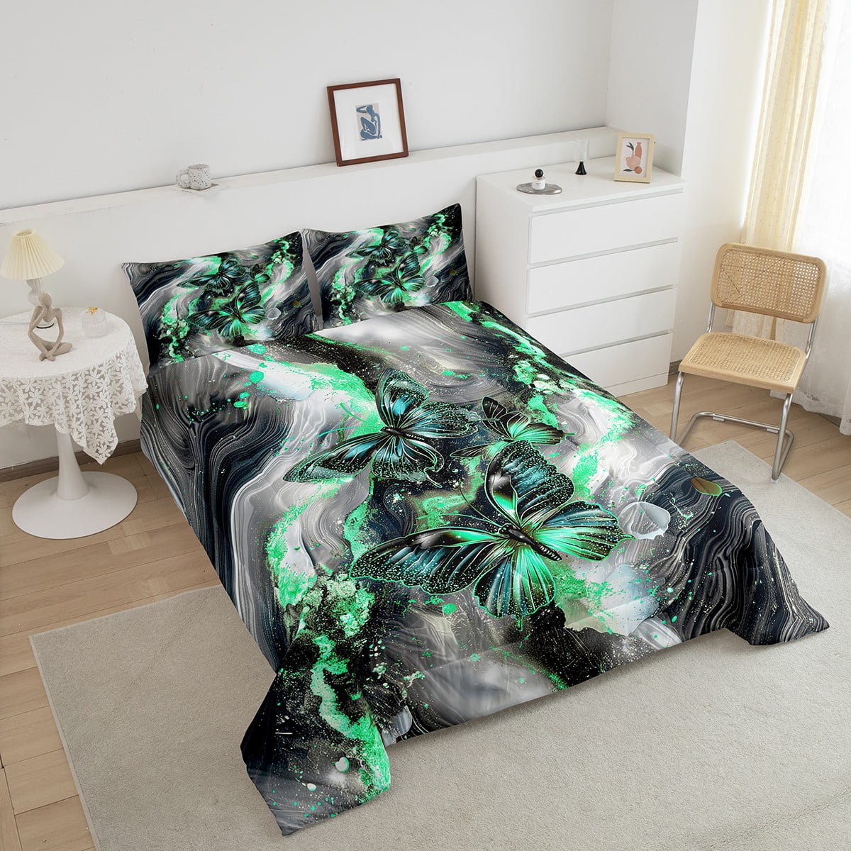 Black Marble Queen Comforter Set Teal Butterfly Bedding Set,Green Marbling Down Comforter Abstract Ombre Ink Fluid Art Duvet Insert Aesthetic
