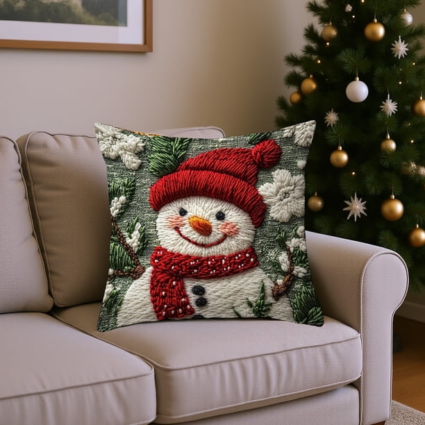 Seyotauo Pink Christmas Farmhouse Pillow Covers for Couch Sofa Bed,Cute Xmas Gnome Romantic Christmas Trees Pillow Cases Cushion Covers 18x18 Inch ,Winter Cute Snowman Square Cushion Cases