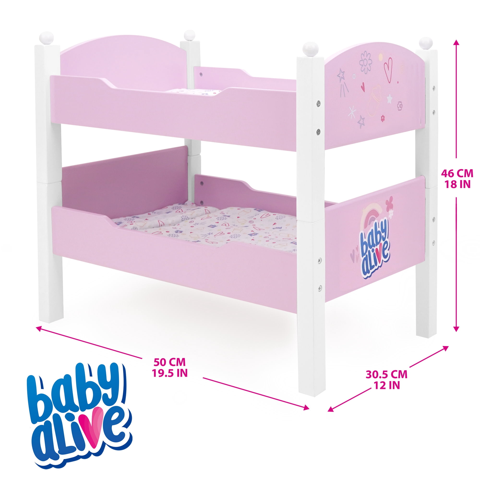 509 Crew: Baby Alive - Wooden Doll Bunk Bed - Pink-White-Purple, Convertible to Single Beds, Blankets & Pillows, Doll Sleep Accessory Toy, Kids 3+