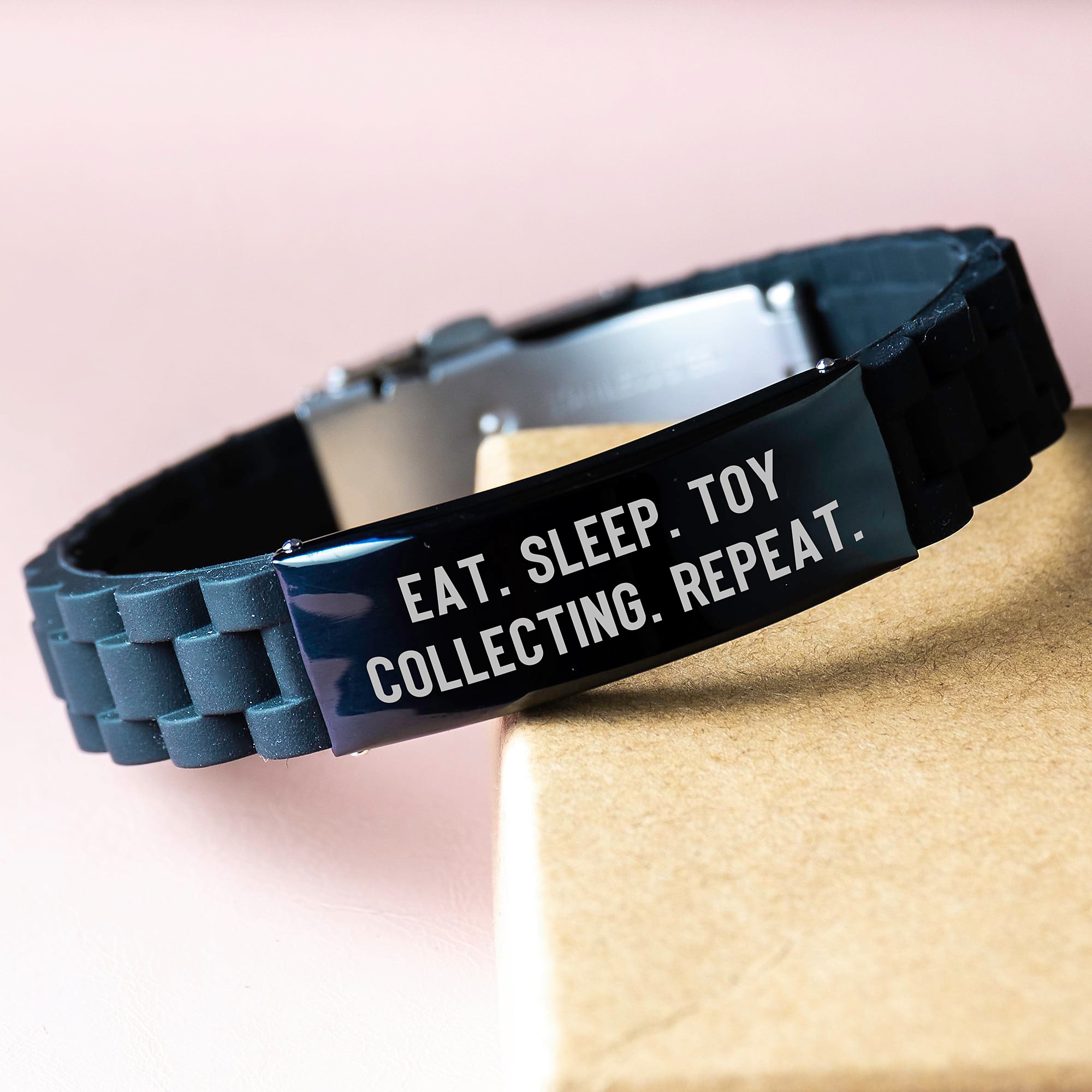 Funny Toy Collecting Gifts from Friends for Men, Eat. Sleep. Toy Collecting. Repeat., Adjustable Glide lock Clasp Black Stainless Steel Silicone Graduate Unique Gifts