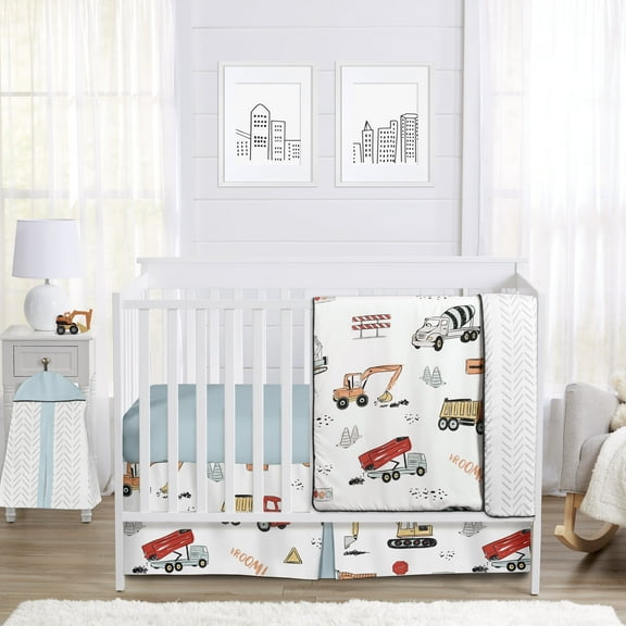 Sweet Jojo Designs Construction Truck Red Blue and Grey 4 Piece Crib Bedding Set