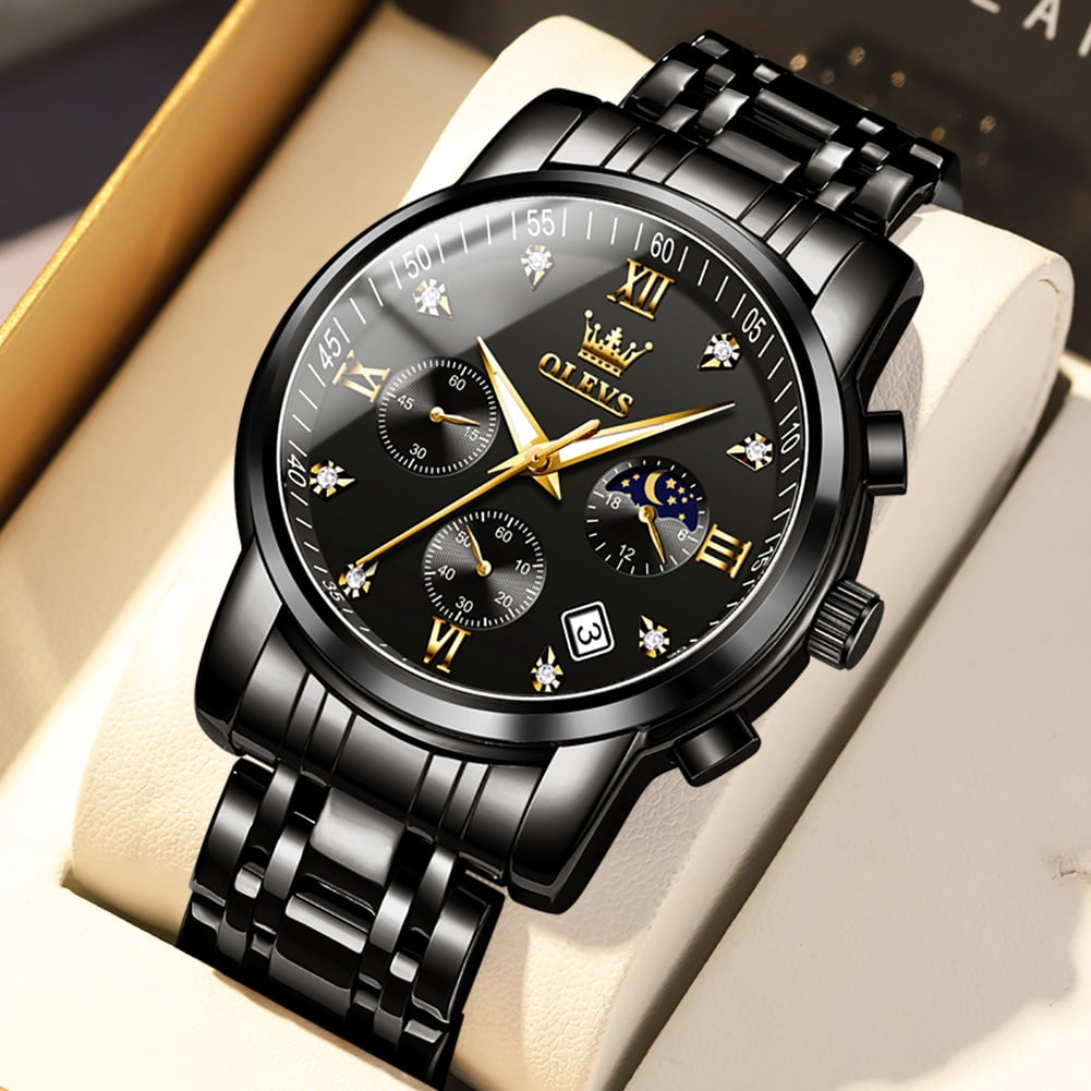 OLEVS Watches for Men Luxury Dress Casual Analog Quartz Gold Plated Stainless Steel Chronograph Moon Phase Waterproof Luminous Date Business Mens Wrist Watches Reloj Para Hombre