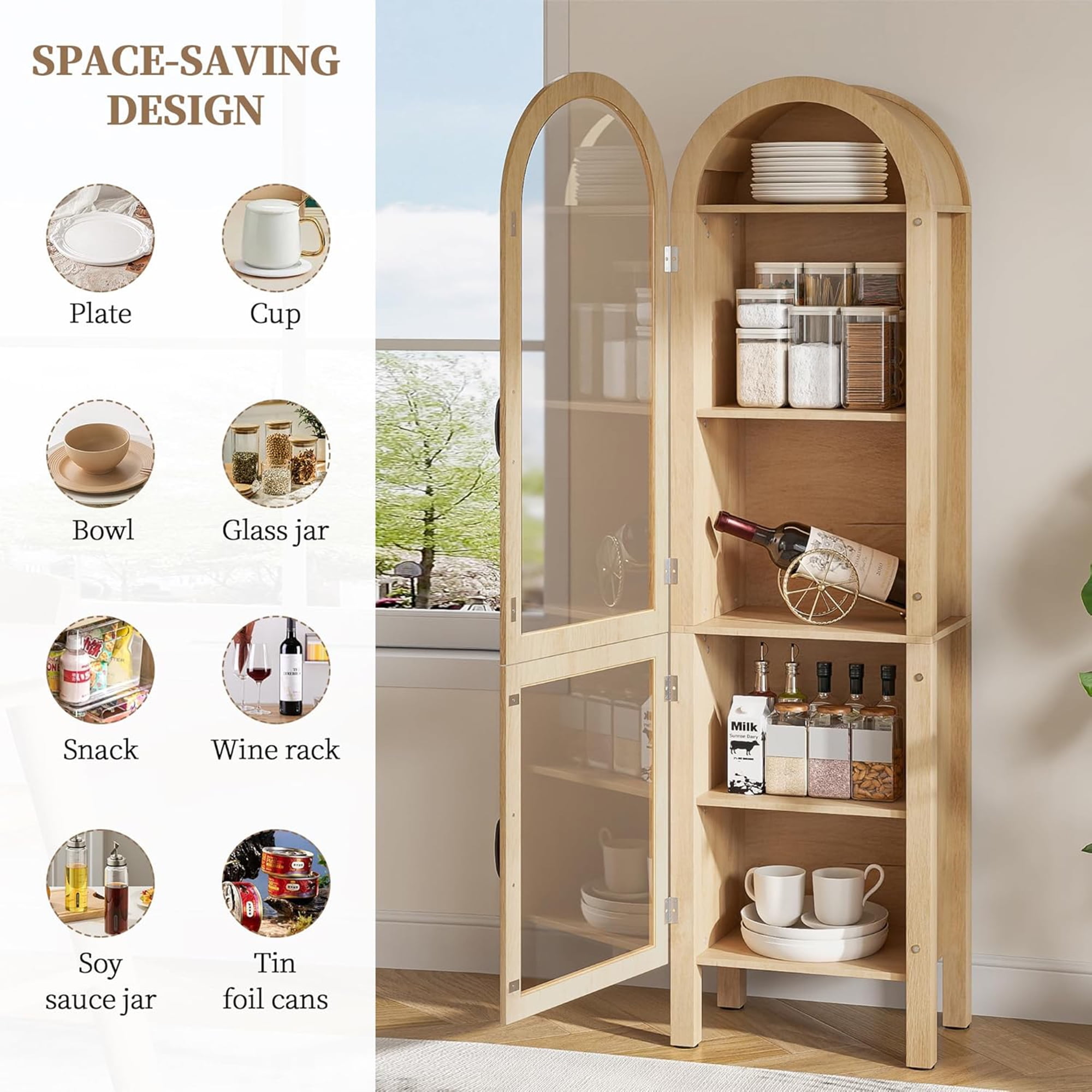 Arched Kitchen Pantry Storage Cabinet, Tall Storage Display Cabinet, 5 Tier Bookcase for Living Room (Wood)