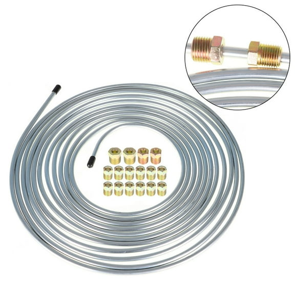 LABLT 1/4 OD 25ft Coil Roll & 16 Tube Nut Fittings Brake Line Tubing Kit Zinc Steel Car