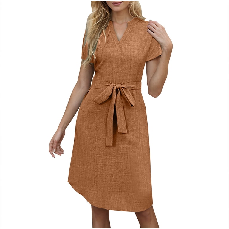 Blmnix Mid-Length Summer Dress Formal Dresses Fit & Flare Cotton Linen  Petticoat Brown Cowl Neck Short Sleeve Spring Dress,XL - Walmart.com