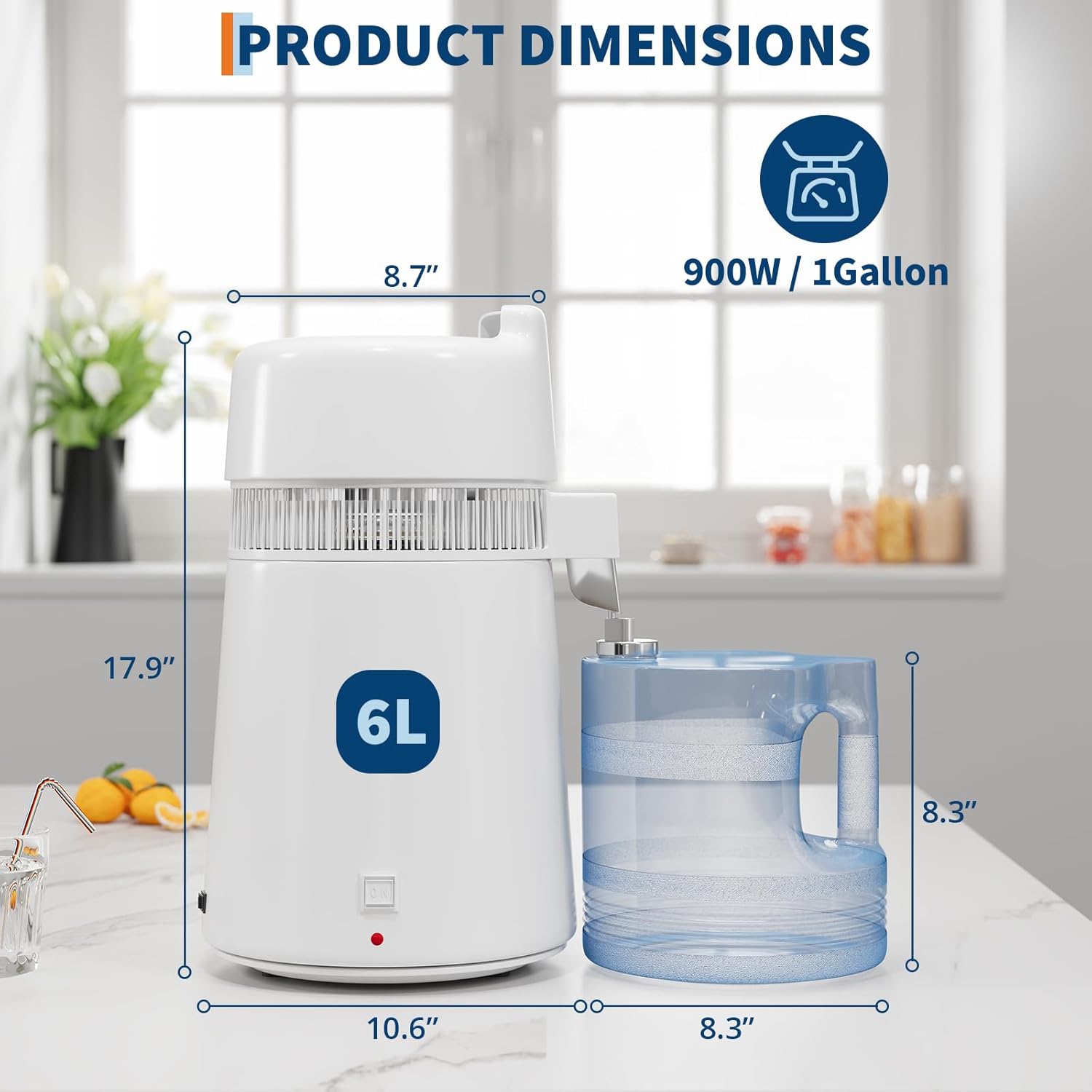 EastVita 1.5Gal/6L Stainless Steel Home Countertop Water Distiller with Glass Container, 750W Desktop Drinking Purifier Filter Distilling Kit