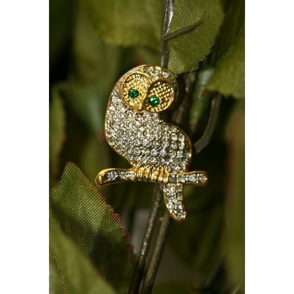Gold Tone Owl on Branch Rhinestone Pave Brooch Pin
