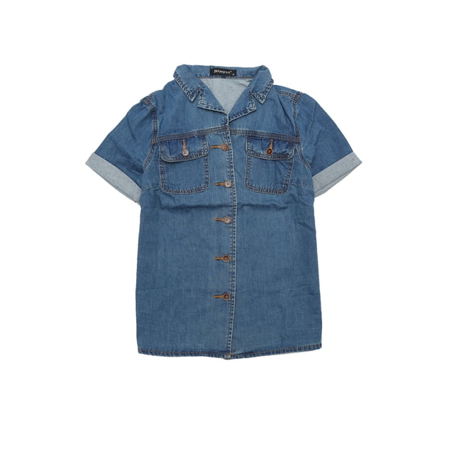Camisa de mezclilla para mujer Allegra K con cuello de manga corta y bolsillo en el pecho botones Azul XS
