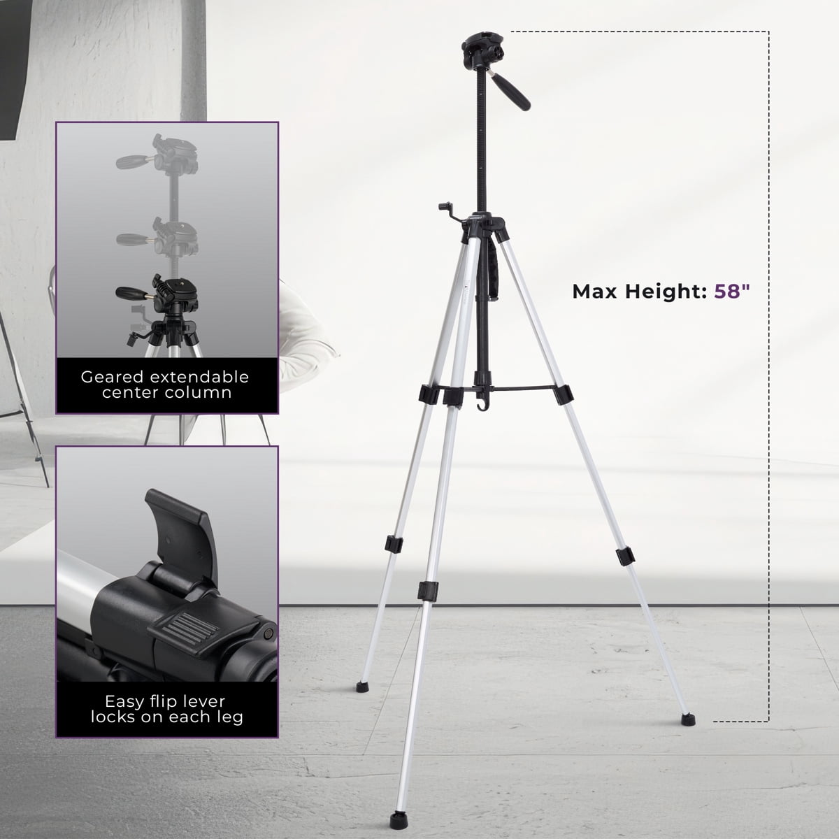 Takama Aluminum 3-Section Tripod with 3-Way Head, 58" Max Height