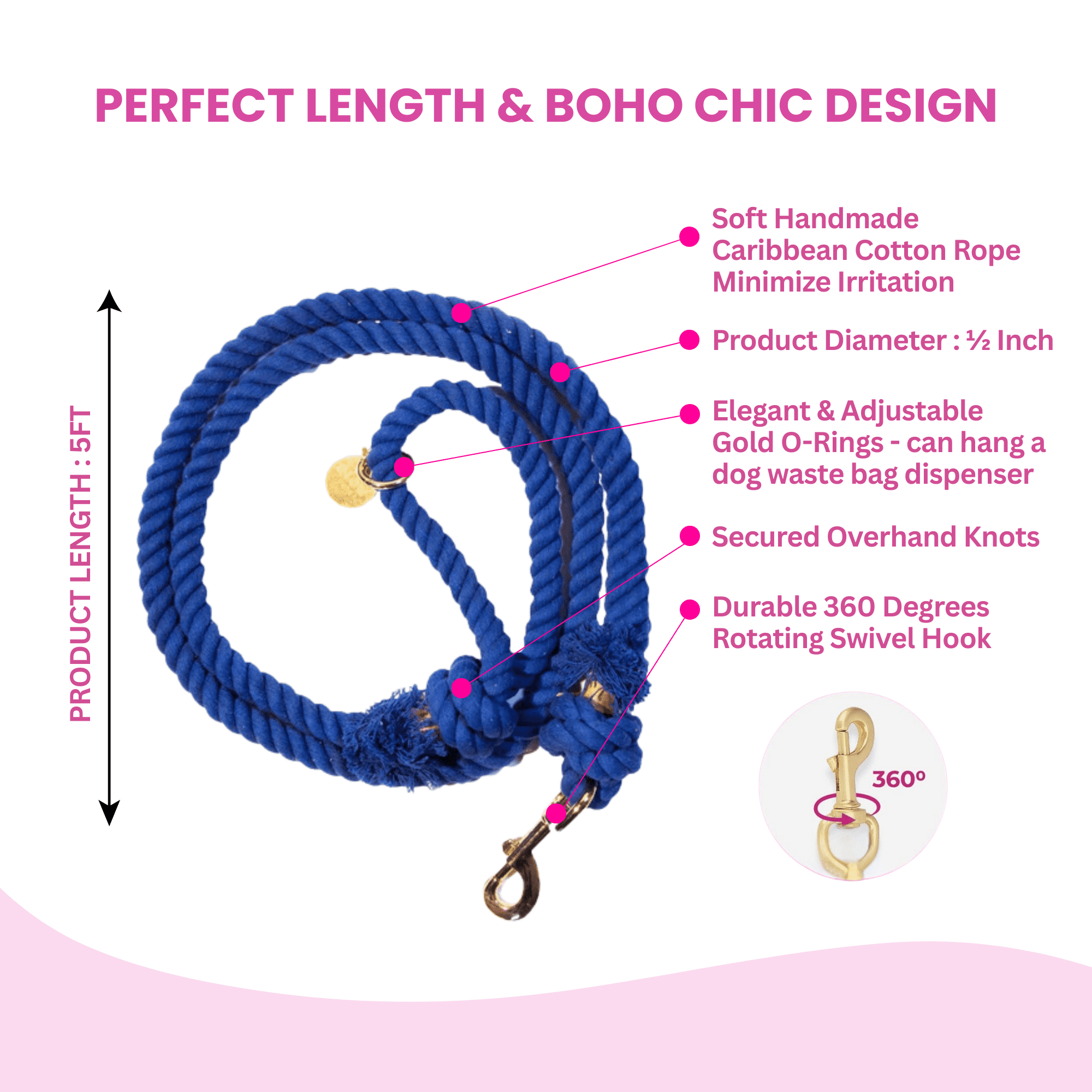 Glow Pups 5 Foot Rope Boho Chic Dog Standard Leash, Blue