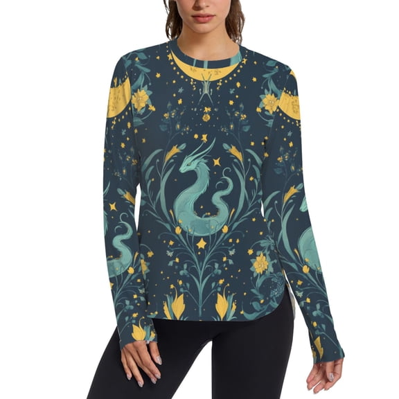 FORMRS Womens Long Sleeve Shirts UPF 50 Sun Protection Quick Dry Fishing Hiking Tops, Size S-2XL, Green Dragon Flowers