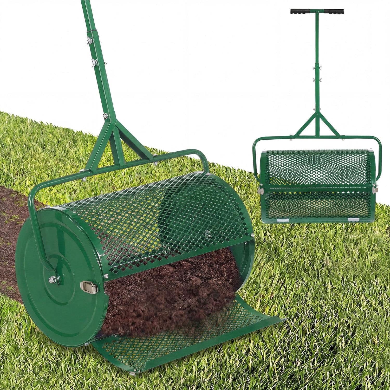 Resenkos 24 Inch Heavy Duty Peat Moss Spreader Roller, Height Adjustable T Handle Lawn Compost Spreader for Topsoil Sand and Lawn Care, Green