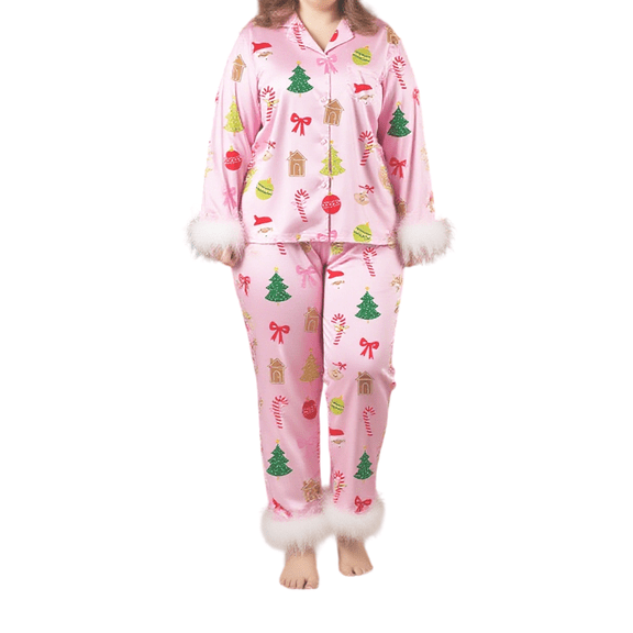 LMLYSoH Women's Plus Size Pajama Sets Fashionable Christmas Tree Printed Long Sleeve Button Down Tops with Pants 2Pcs Soft Sleepwear