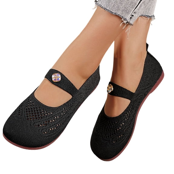 Mary Jane Shoes Women Slip on Wide Toe Box Barefoot Walking Shoes Breathable Mesh Fashion Buckle Casual Flat Shoes Black Size 7