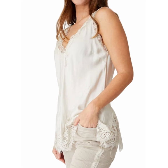 Silk Lace Trim Camisole Tops for Women Satin Layering Tops Lace Patchwork Camis Tank White S
