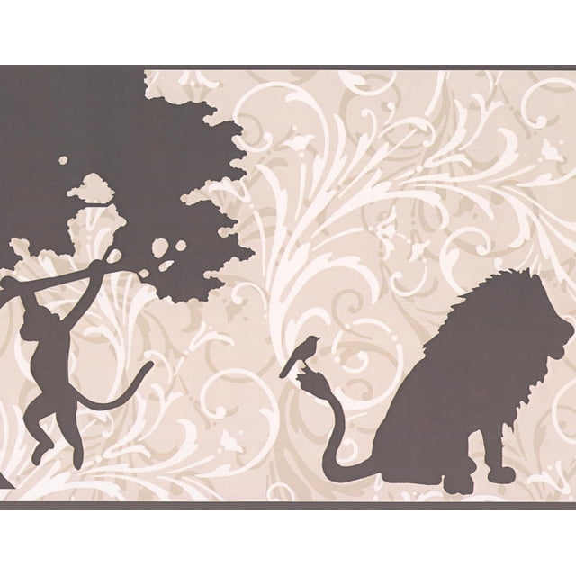 Abstrait Arbre Singe Lion Autruche sur Fond Damassé Blanc et Brun Papier Peint Beige Bord Design Rétro, Rouleau 15' x 9'