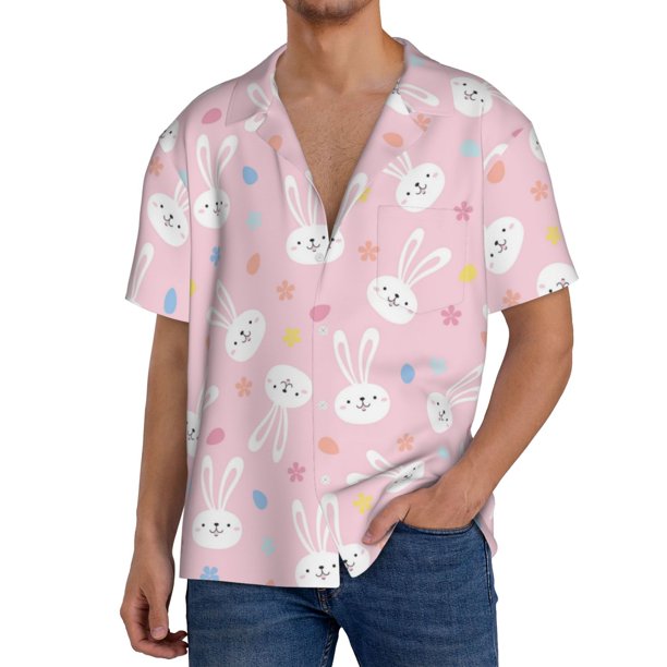 Balery Easter Cute Rabbit Camisa Casual de Manga Corta con Botones para Hombre, Texturizada, Estilo Cubano, para Playa, Verano-4X-Large