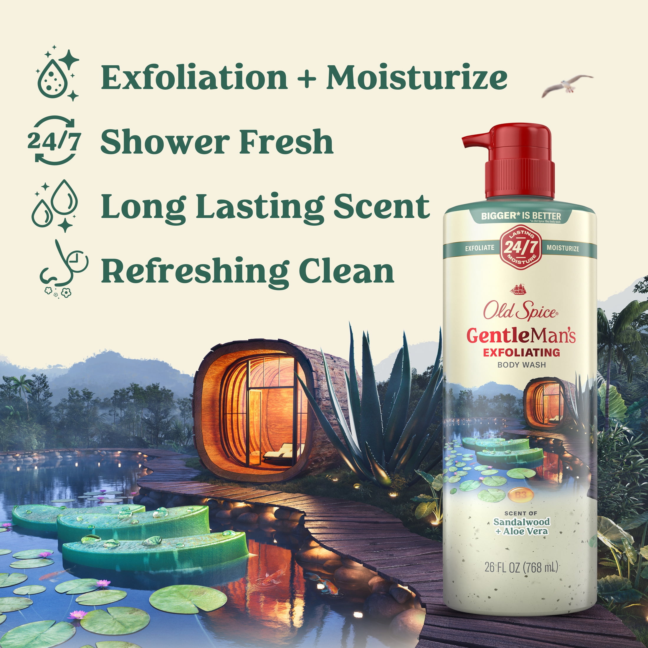 (3 pack) Old Spice Men's Body Wash for Men, Sandalwood and Aloe Vera, 24/7 Shower Fresh, 18 oz, Exfoliation + Moisturization, 26oz