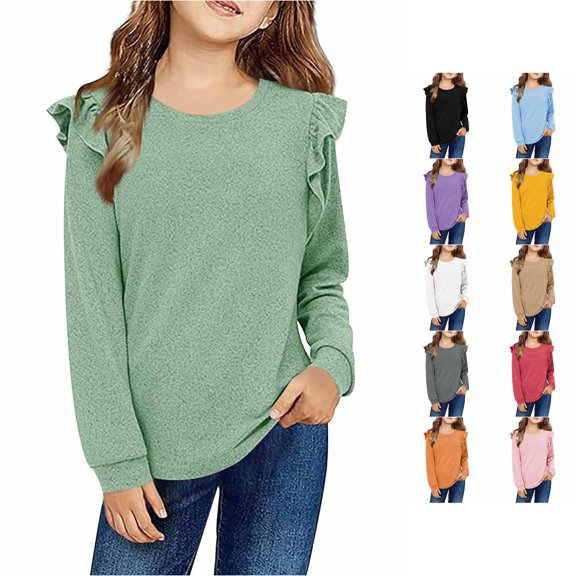 GobdXE Girls Solid Knit Long Sleeve Shirt Crew Neck Ruffle Detail Casual Daily Loose Pullover Top Green,9-10 Years