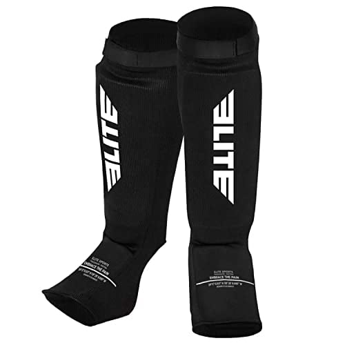 Elite Sports Muay Thai MMA Kickboxing shin Guards, Instep Guard Sparring Protective Leg shin Kick Pads for Kids and Adults (L-XL)