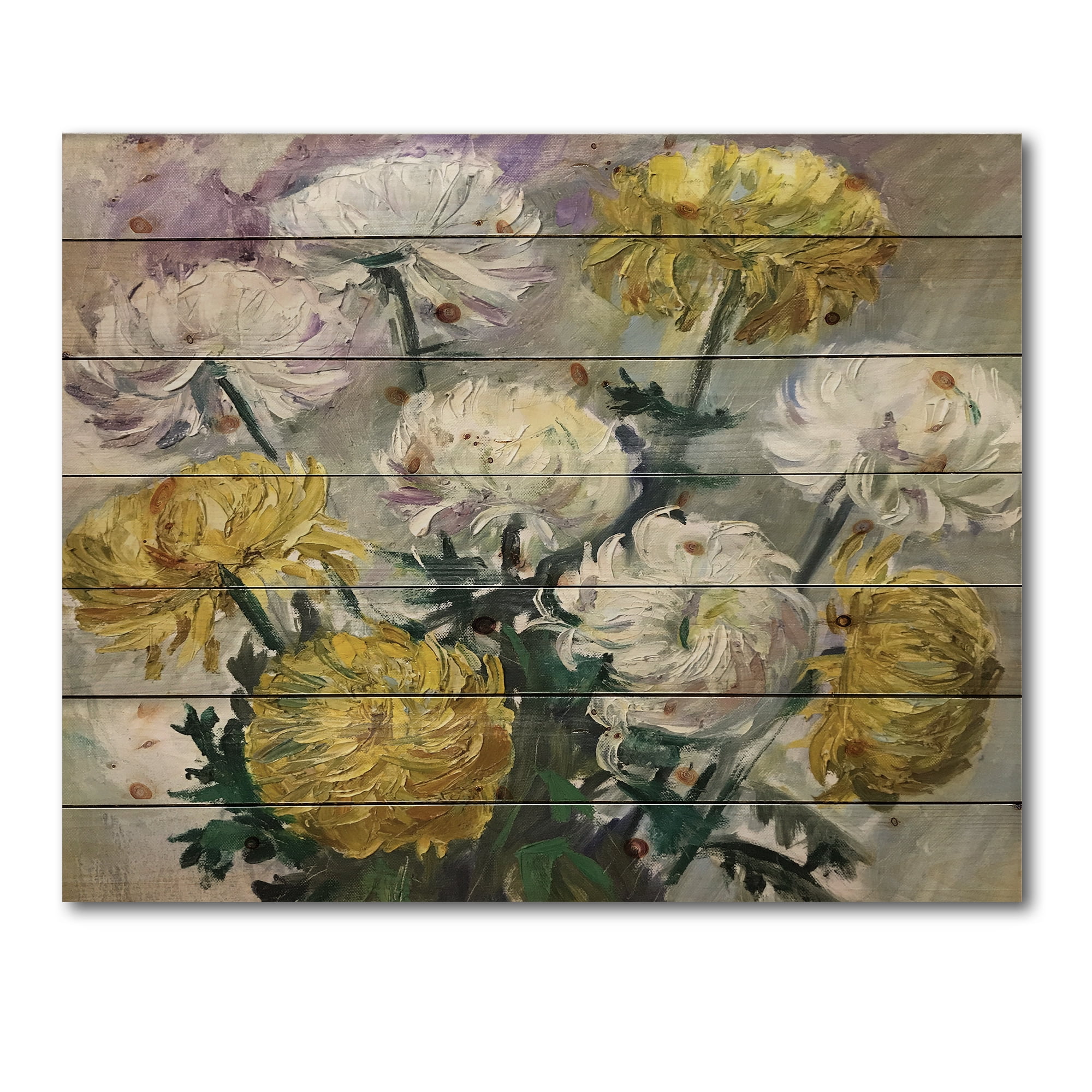 Designart 'Golden and White Daisies' Traditional Print on Natural Pine Wood
