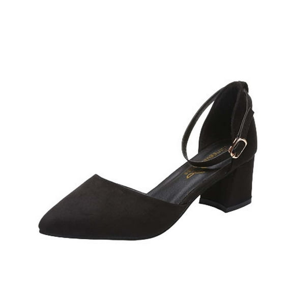 Anuirheih Women's Summer Casual Pointed-toe Sandals Middle Heel Chunky Heel Metal Buckle Sandals Sandals Women (Black)