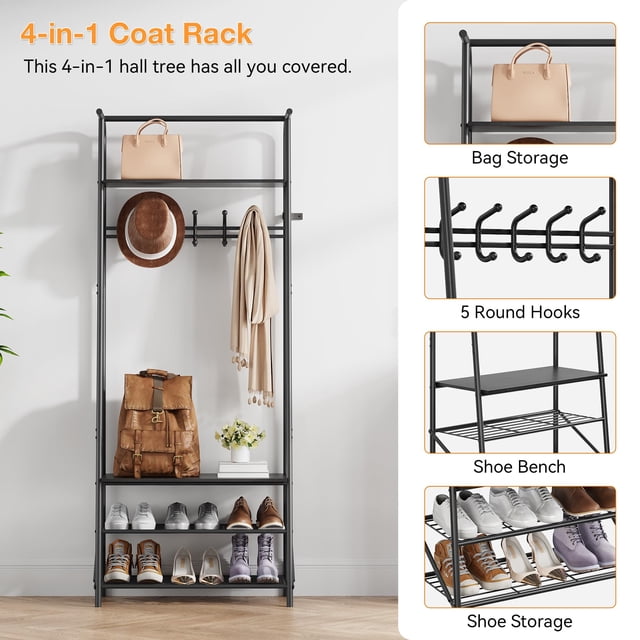 Kojooin Wooden Coat Rack with Shoe Bench, Sturdy Shoe Rack Organizer for Hallway, Mudroom, Bedroom