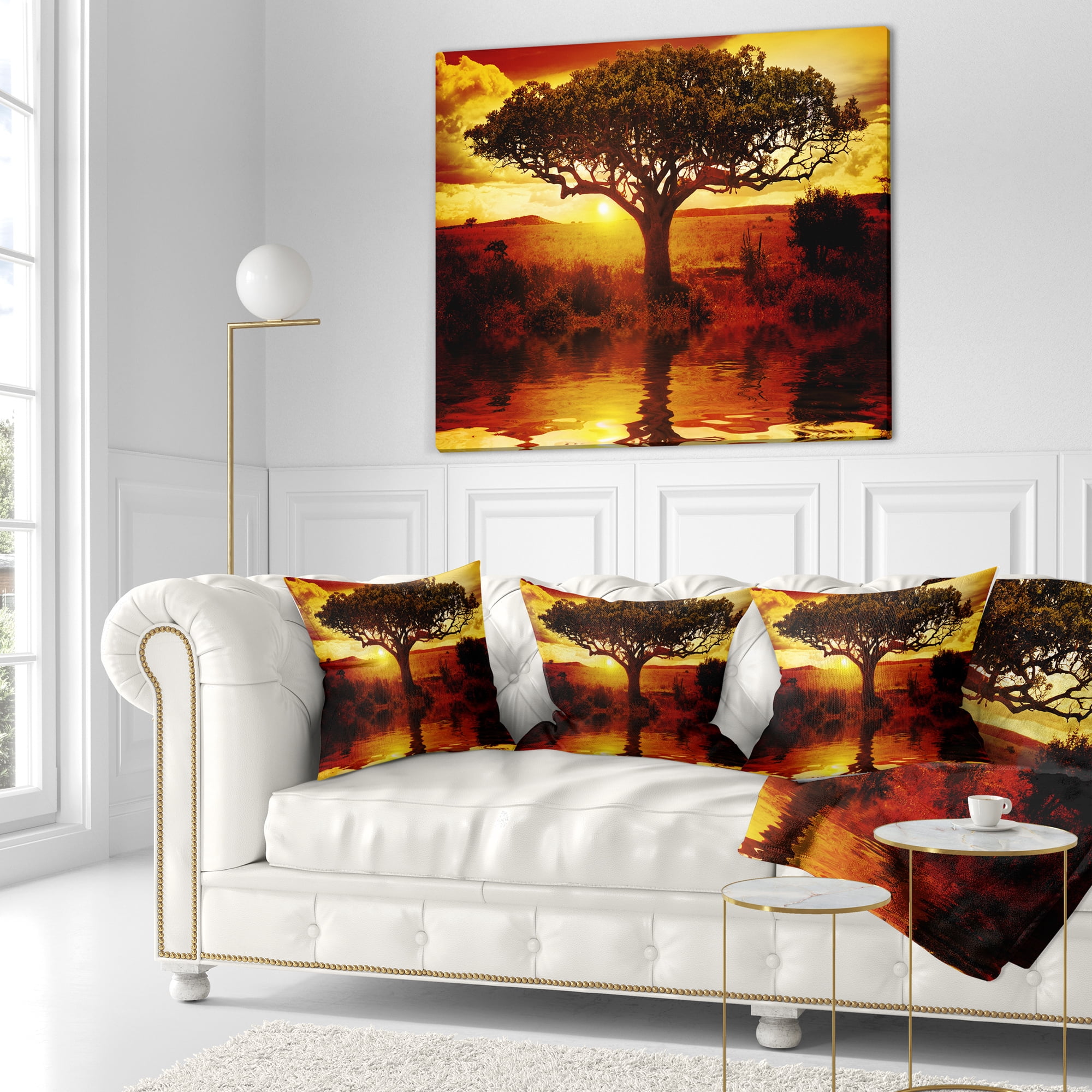Designart Lonely Tree in African Sunset - African Landscape Printed Throw Pillow - 18x18