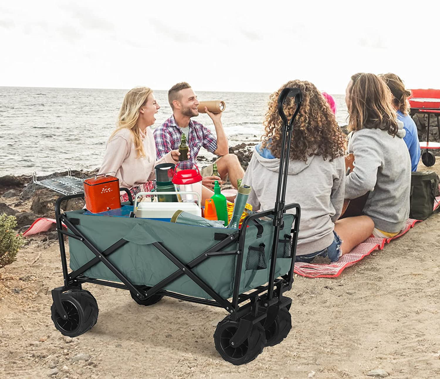 Red Carry Bag Sport Portable Collapsible Folding Heavy-Duty Utility Cart AthLike All-Terrain Beach Wagon 2 Cup Holder for Outdoor with 8'' Rubber Wheel Groceries 170LBS Max Load Garden 