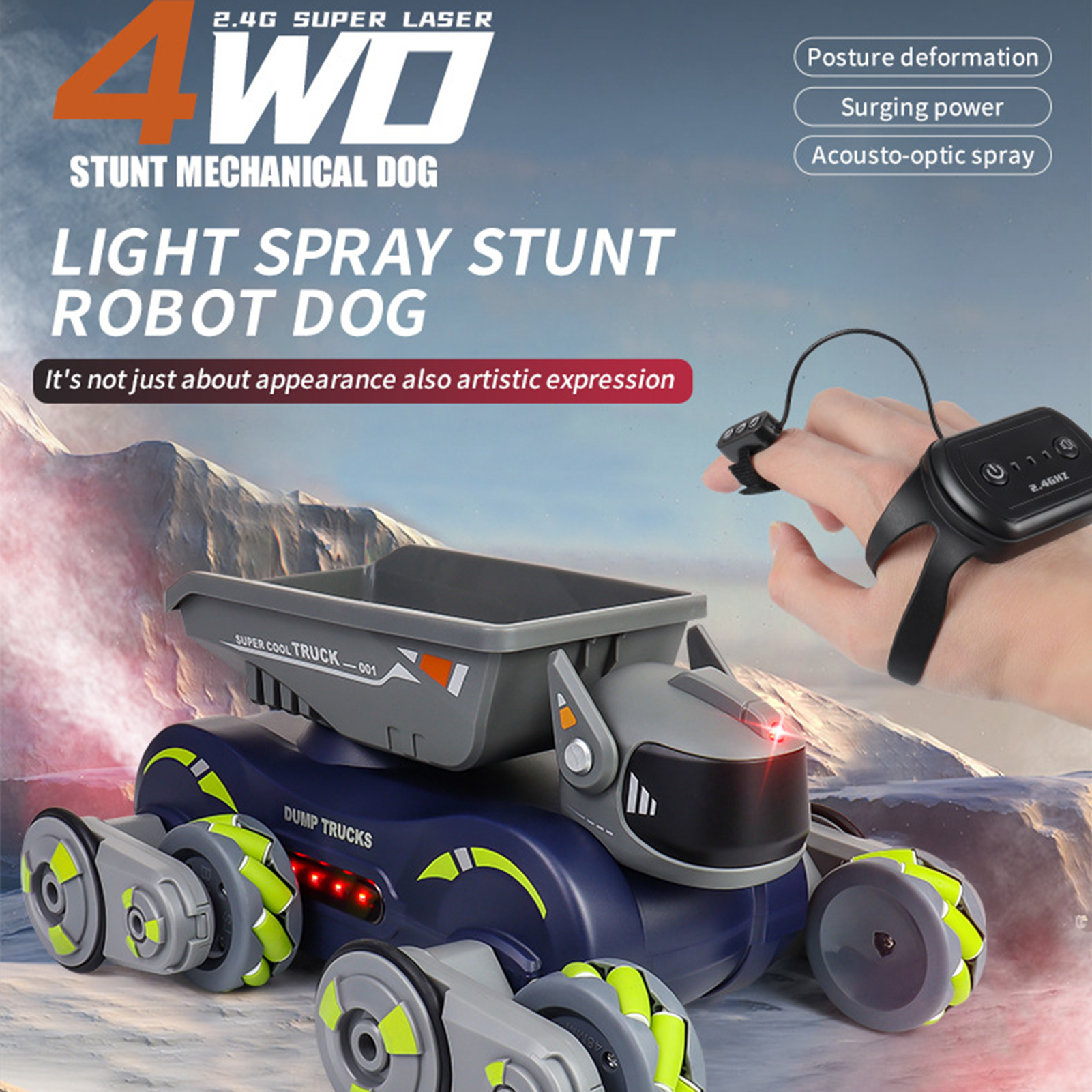 Birinta 2.4GHz Remote Control Car with Light Music Spraying Gesture Sensing Robot Dog Toy Electric RC Stunt Car Crawler Vehicle