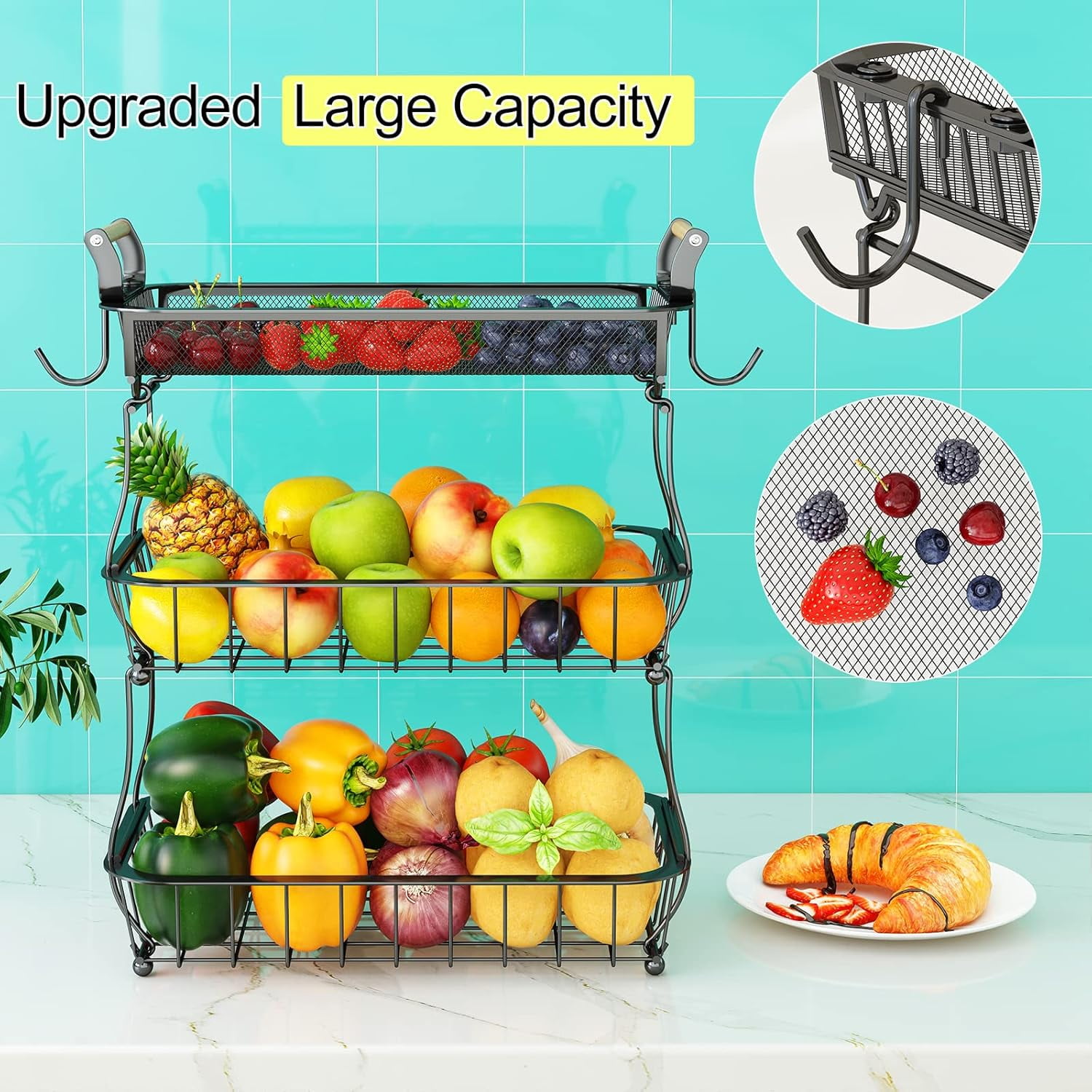 Fruit Basket 3 Tier with 2 Banana Hangers, Countertop Fruit Vegetable Basket Bowl for Kitchen Counter Metal Mesh Basket Fruits Stand Produce Holder Organizer for Onion Potato Bread Snack Veggie