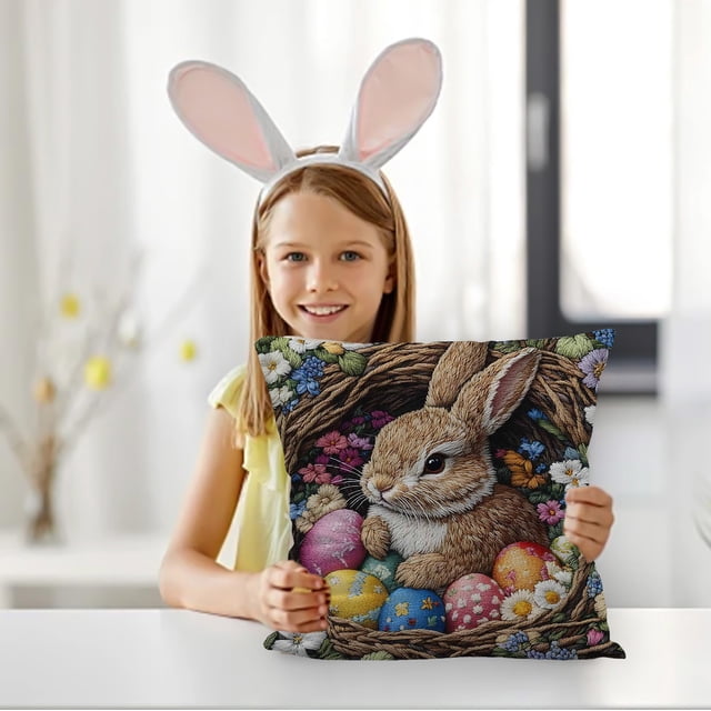 Funda de almohada con estampado de conejito de Pascua | Diseño floral con bordado artificial | Funda de almohada decorativa de poliéster suave de 45 x 45 cm para sofá y cama
