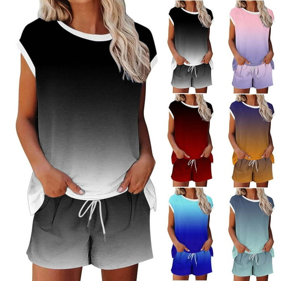 Ahuyic Womens Summer Casual Outfit Set,Womens Plus Size Outfit,Women Casual Non Positioning Printed Short Sleeved Round Neck Top Pants Drawstring Set