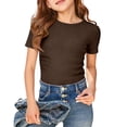 thumbnail image 2 of XEGLSBU Shirts for Girls 12-14 Preppy Girls Ribbed Knit Short Sleeve Crewneck Tee Soft Casual Basic Top for Toddler Wear Brown Size 13-14 Years, 2 of 4