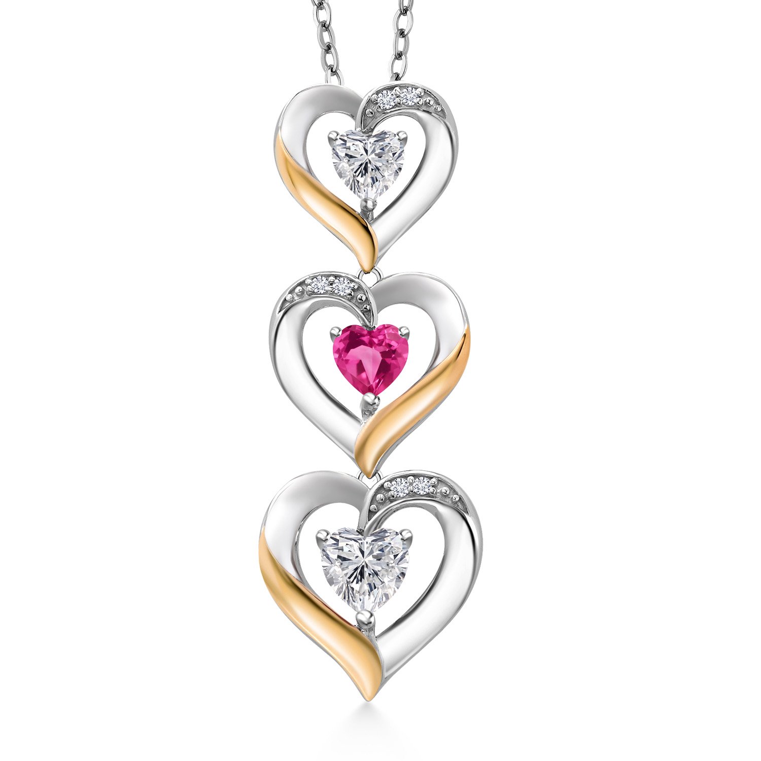 925 Silver and 10K Yellow Gold Lab Grown Diamond and Pink Created Sapphire Pendant Necklace for Women | 1.17 Cttw | Gemstone April Birthstone | Heart Shape 5MM | With 18 inch Silver Chain