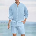 thumbnail image 2 of JIKNTTR Men's 2 Pieces Cotton Linen Set Long Sleeve Henley Shirts Casual Shorts With Pockets Summer Yoga Outfits Vacation Walking Outfits, 2 of 5