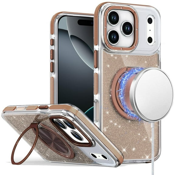For iPhone 17 Pro Max Glitz HQ Shimmer Glitter [Magnetic Ring Circle] with 360 degree Rotational Ring Kickstand Tough Hybrid Case - Gold