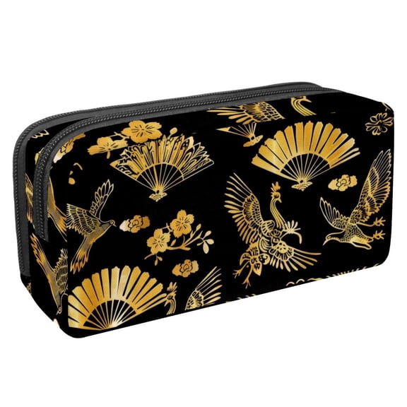 MUOOUM Pencil Case, Crane Fan Flower Golden Pattern Large Capacity Pencil Pouch Stationery Pen Bag