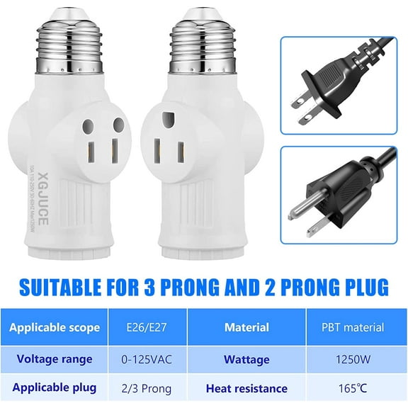 GHRTGR-3 Prong Light Socket to Plug Adapter,E26 Outdoor Light with Outlet,E27 Light Bulb to 2/3 Prong Outlet Plug Splitter Converter for Garage Porch CCTV Camera (1, White)