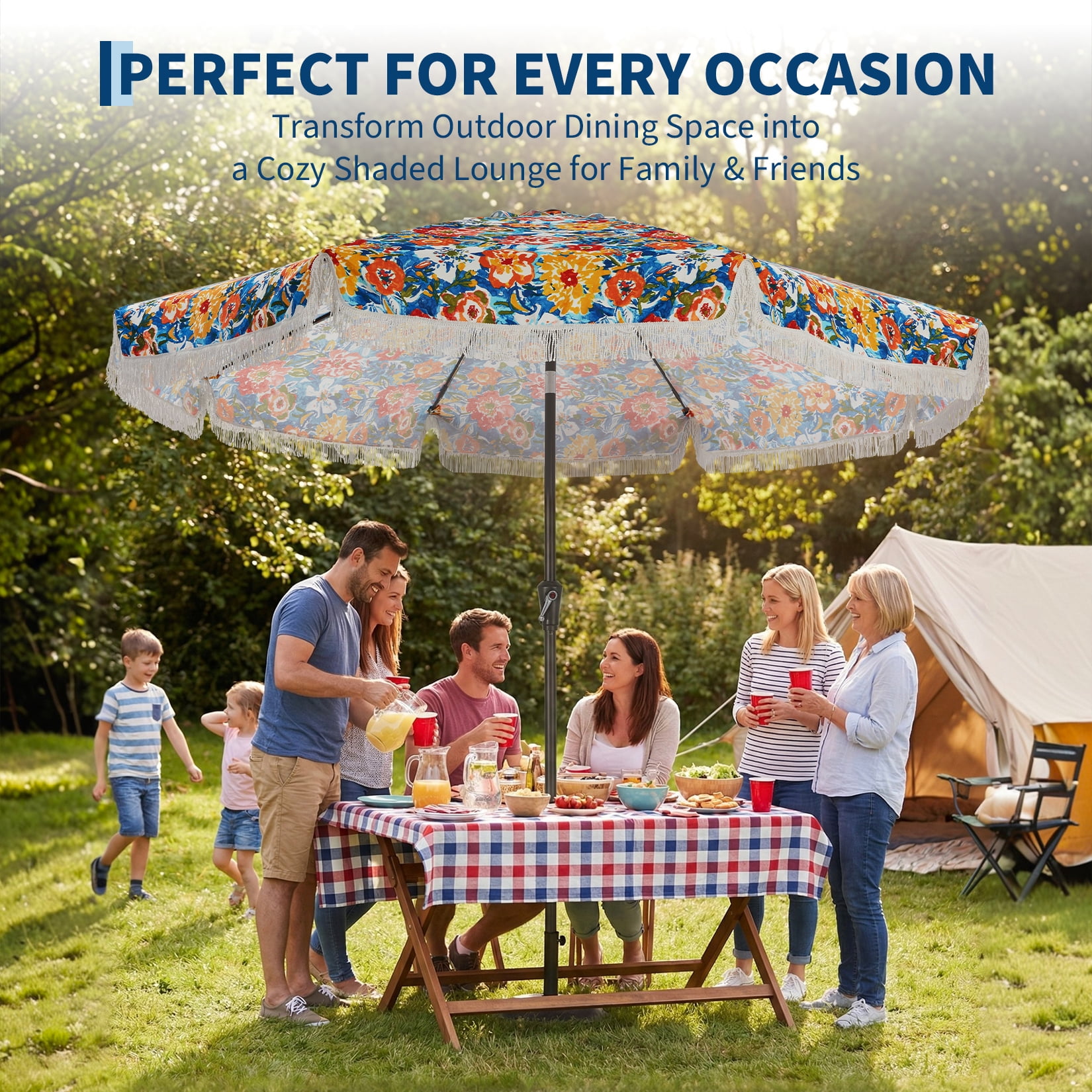 Memoryfield 9FT Fringe Patio Umbrella, UV50+ Sun Protection Outdoor Tassels Beach Umbrella for Garden Pool Backyard, Flower