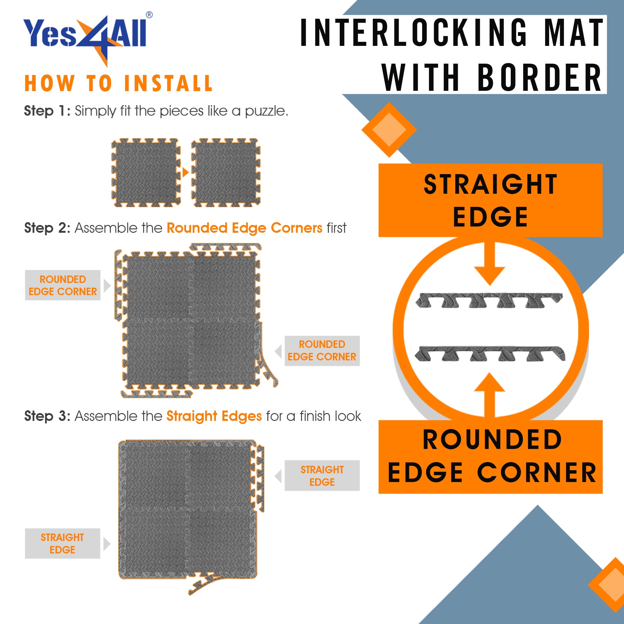 Yes4All Interlocking Exercise Foam Mats with Border Cover 12 /& 36 SQ Black or Gray FT