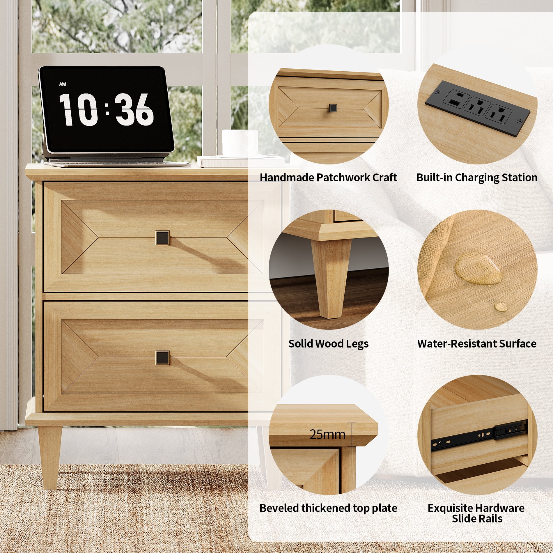 WAMPAT Nightstands Set of 2 with Charging Station, Farmhouse Wood Bedside Tables with Drawers & Solid Wood Legs, Rustic End Side Tables for Living Room, Natural